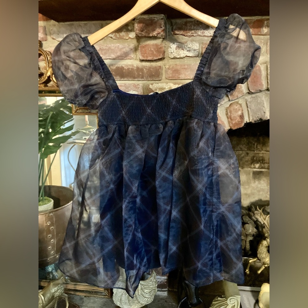 🆕 NWT WeWoreWhat Navy Sheer Puff-Sleeve Organza Smocked Baby Doll Mini Dress - Picture 9 of 15